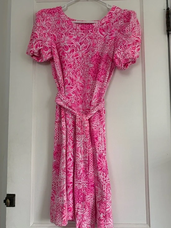 Lilly Pulitzer Hot Pink & White Floral Midi Dress with Tie Waist - Picture 1 of 3